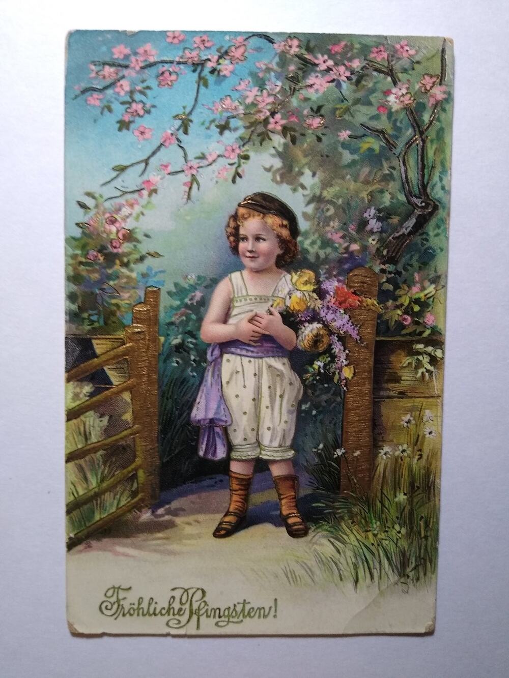 Vintage German Fröhliche Pfingsten Postcard Child Flowers 1912 Posted